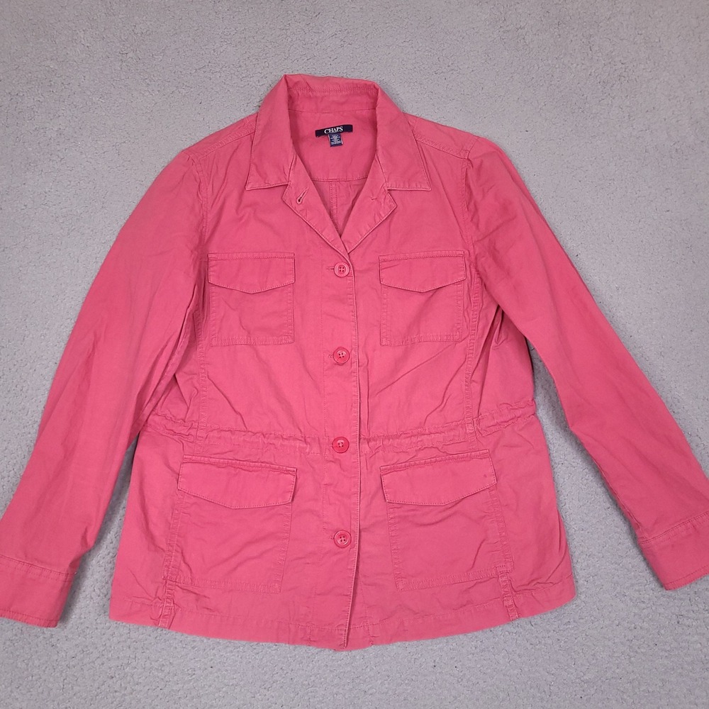 Chaps Denim Utility‎ Field Jacket Womens Large Coral Pink Cotton Button Front